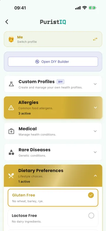 Health profile screen with categories for custom profiles, allergies, medical, rare diseases and dietary preferences, with Gluten Free selected.