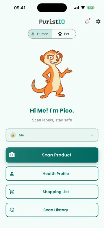 Home screen with Pico the meerkat, the active profile and buttons for Scan Product, Health Profile, Shopping List and Scan History.