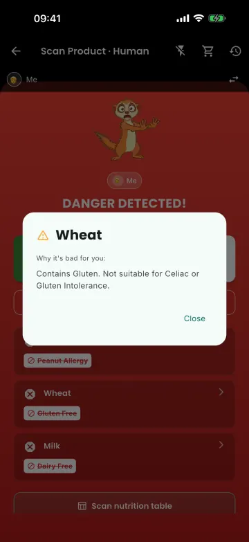 Ingredient detail for wheat: contains gluten, not suitable for celiac disease or gluten intolerance.