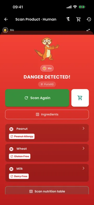 Scan result: Danger detected, with peanut, wheat and milk flagged.