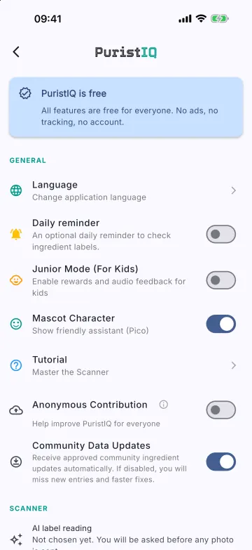 Settings screen with the card: PuristIQ is free. All features are free for everyone. No ads, no tracking, no account.